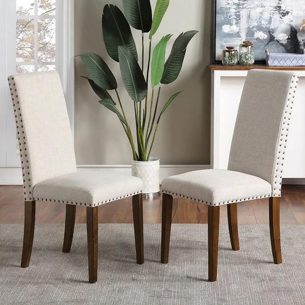 Set of 2 Fabric Upholstered Dining Chairs with Copper Nails