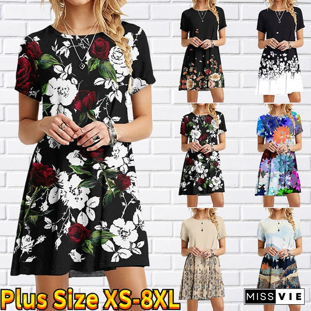 Women's Fashion Dress Flower Leaf Print Women's Casual Dress Summer Beach Short-sleeved Dress Plus Size XS-8XL