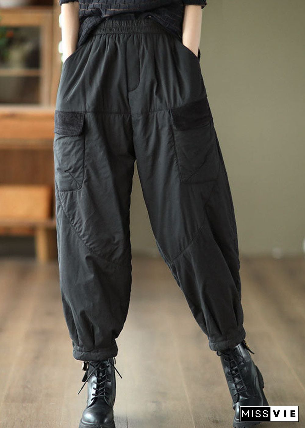 Unique Black Elastic Waist Pockets Fine Cotton Filled Pants Winter