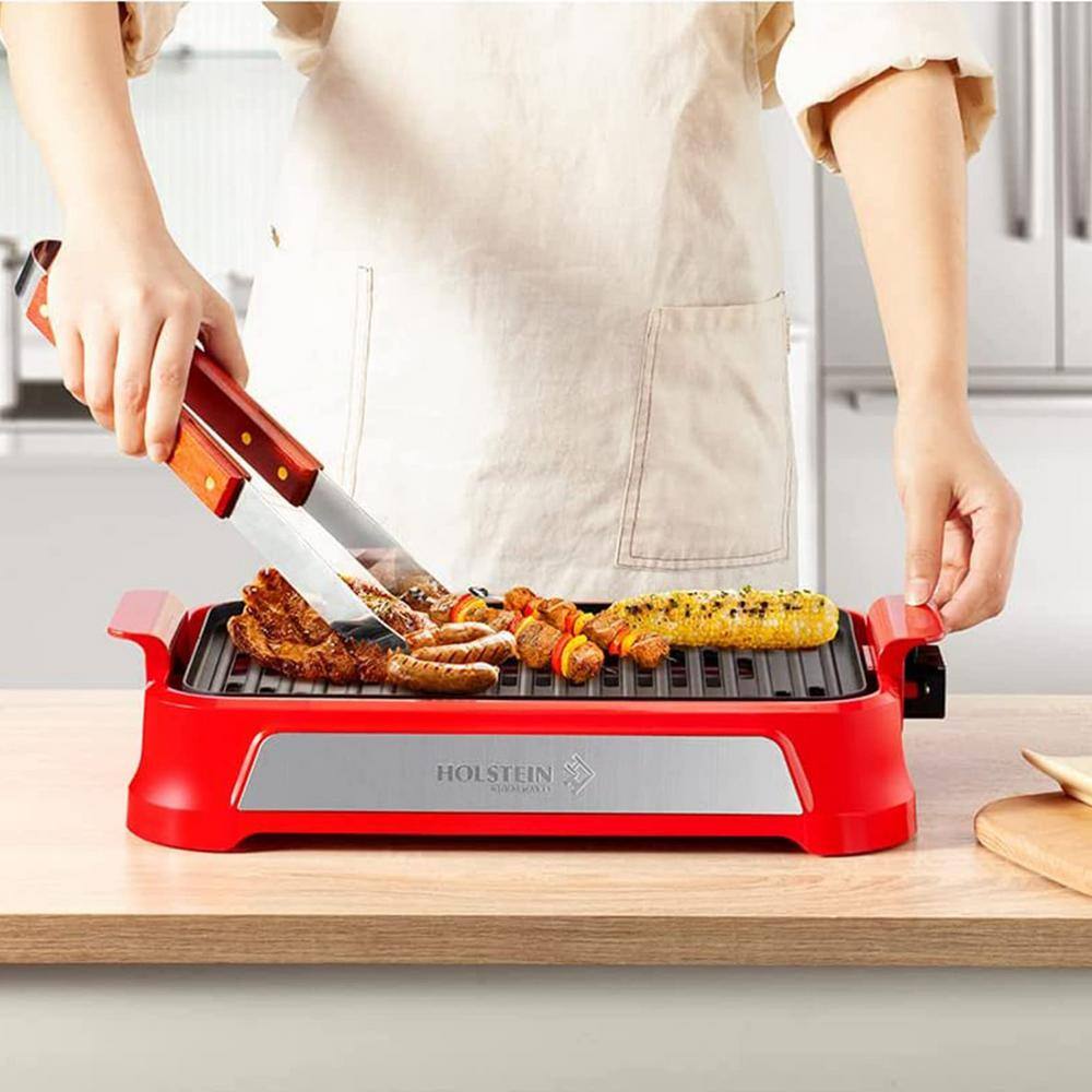 HOLSTEIN HOUSEWARES 14 in. Smokeless Indoor Grill Non-Stick Copper With Drip Tray Red HH-09114009R