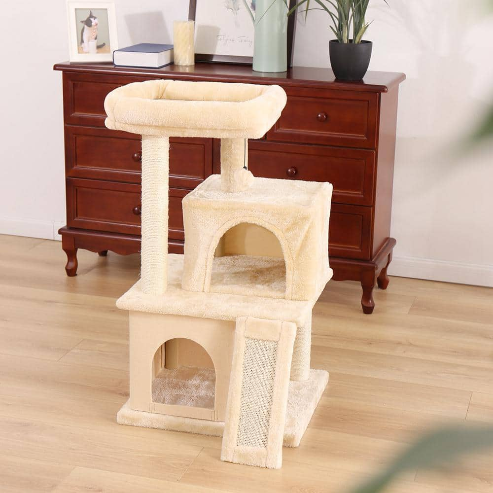 Foobrues Beige Cat Tree Sisal Scratching Post Plush Condo Playhouse with Dangling Toys L-W79632459