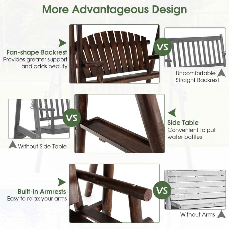 2-Person Wooden Porch Swing with Adjustable Canopy, A-Frame Outdoor Patio Swing Bench Chair