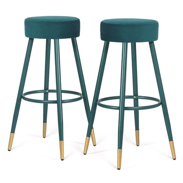 Adeco Velvet Bar Stools， Set of 2 Round Upholstered Breakfast Stools Footrest - 20.5