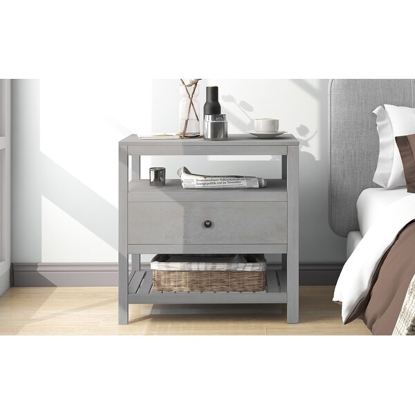 Wooden Nightstand with Drawer and Shelf Storage for Bedroom and Living Room - - 37915929