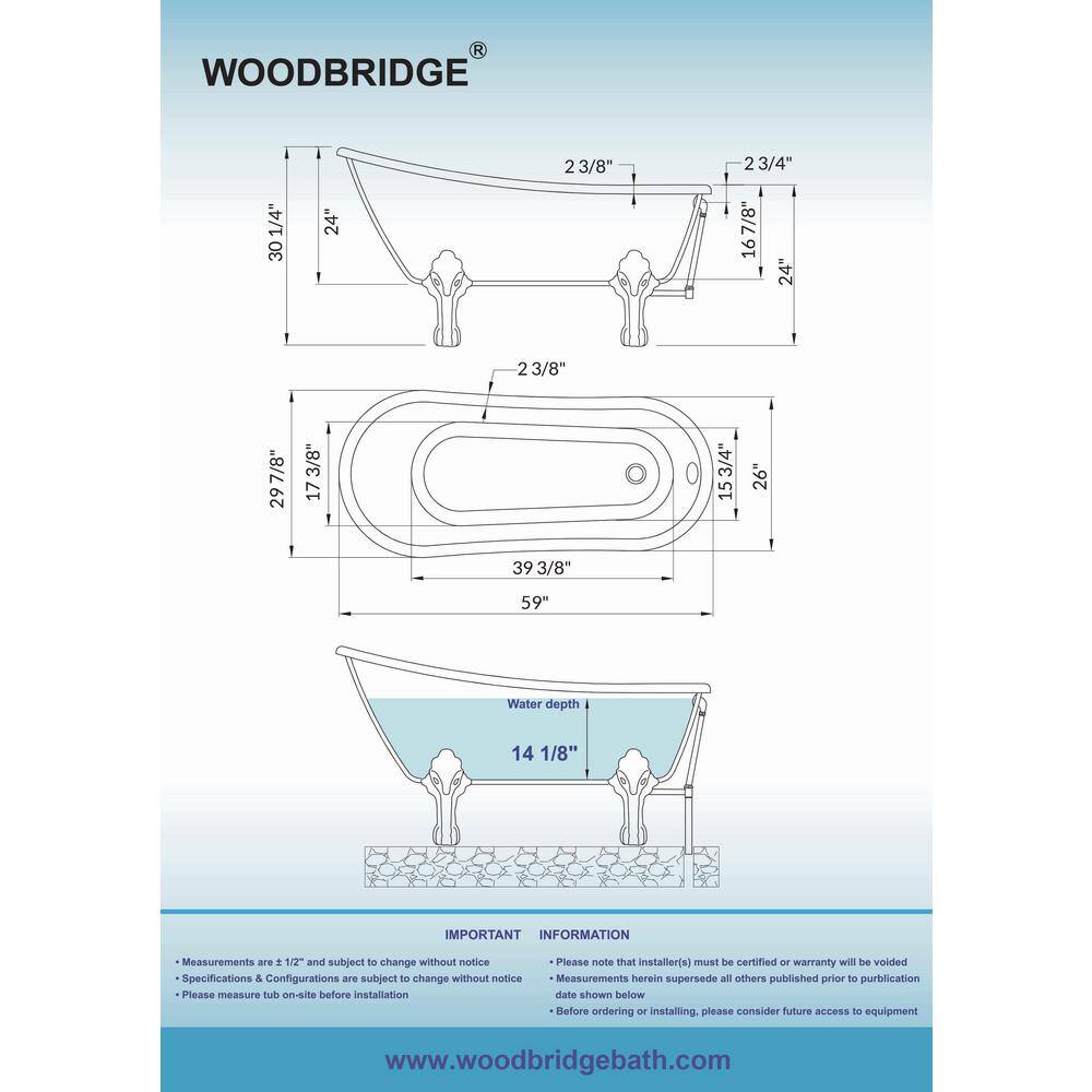 WOODBRIDGE Detroit 59 in. Heavy Duty Acrylic Slipper Clawfoot Bath Tub in White Claw Feet Drain  Overflow in Matte Black HBT7012