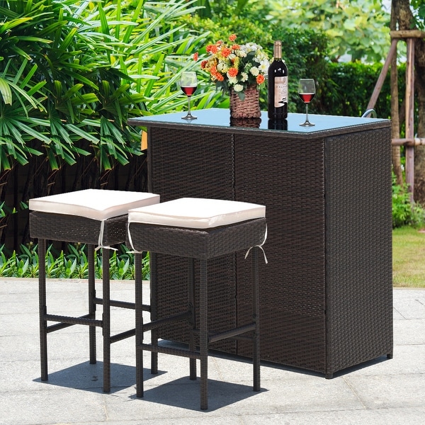 Costway 3PCS Patio Rattan Wicker Bar Table Stools Dining Set Cushioned