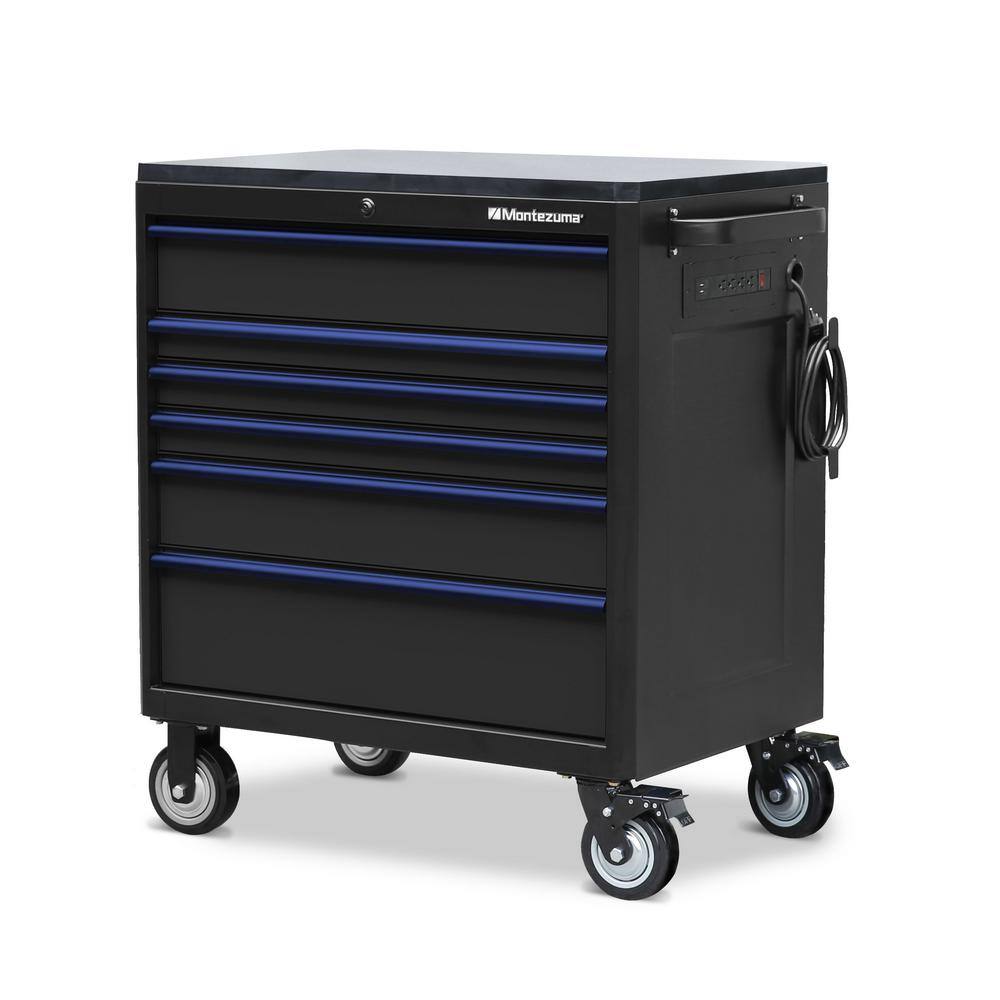 Montezuma 36 in. W x 24 in. D 10-Drawer Tool Chest and Cabinet Combo with Power and USB Outlets in Black and Blue M3624COMBO