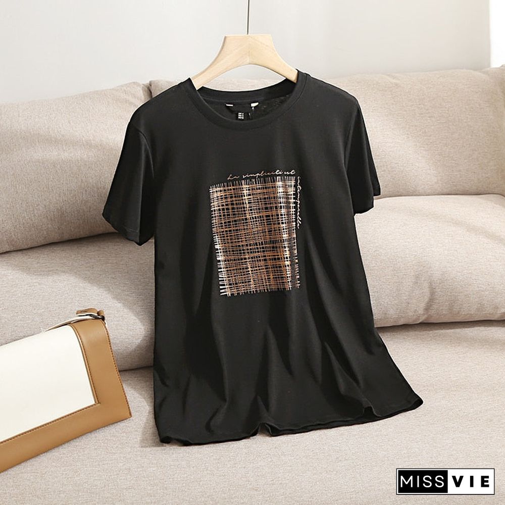 New Summer Women Black Letter Print Cotton T-Shirt Casual Solid Short Sleeve Tees Tops Ladies Camisetas Mujer