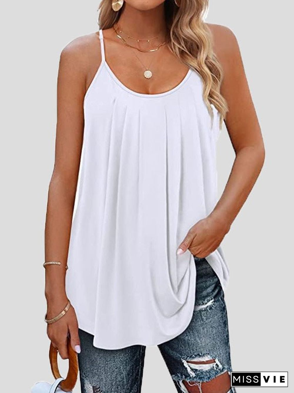 Women'S Tank Tops Pleated Sling Crew Neck Tank Tops