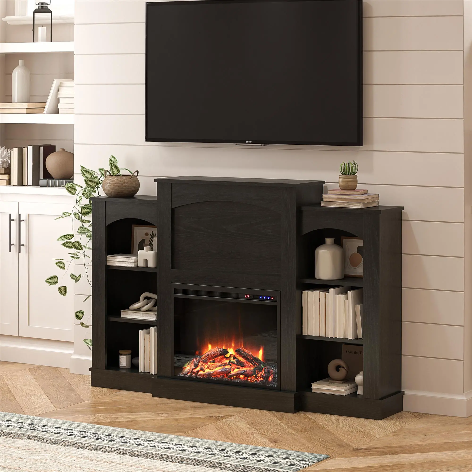 Hawke's Bay Farmhouse Black Oak Fireplace Mantel with Bookshelves