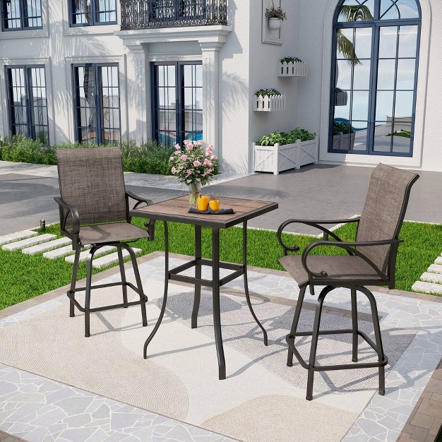 3pc Outdoor Set Faux Wood Tabletop Metal textilene Stools Rust resistant Captiva Designs