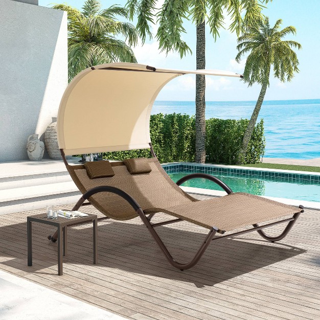 Outdoor Double Chaise Lounge With Sun Shade Brown Crestlive Products