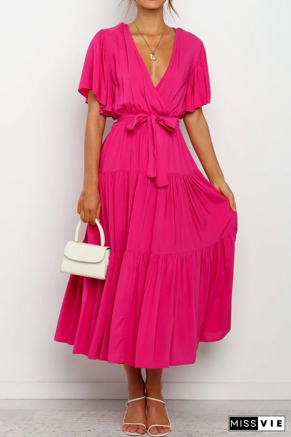 KarliDress Solid Ruffles Belted Maxi Dress P12790