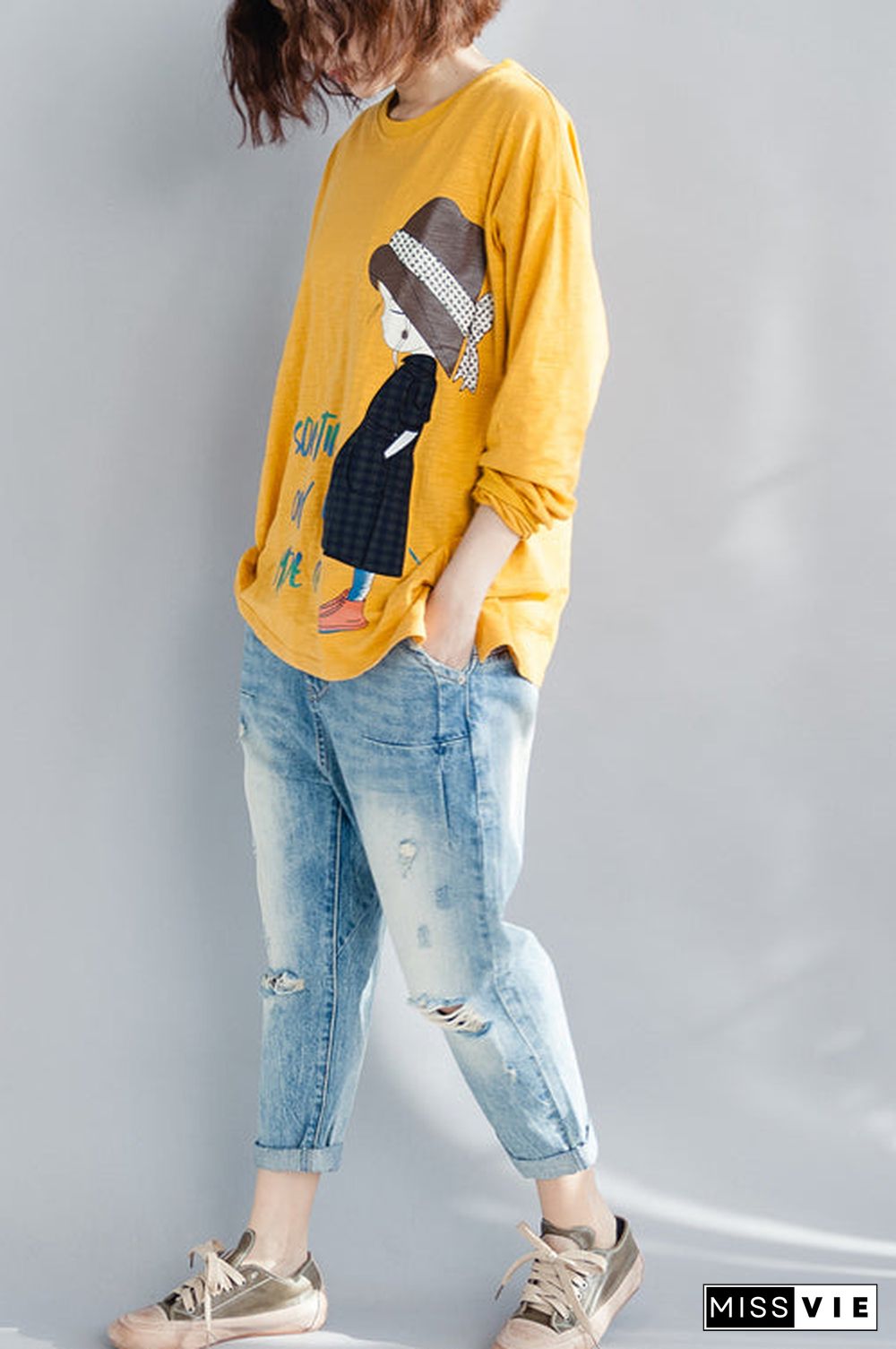 Elegant yellow cotton linen tops women plus size Wardrobes o neck long sleeve loose spring top