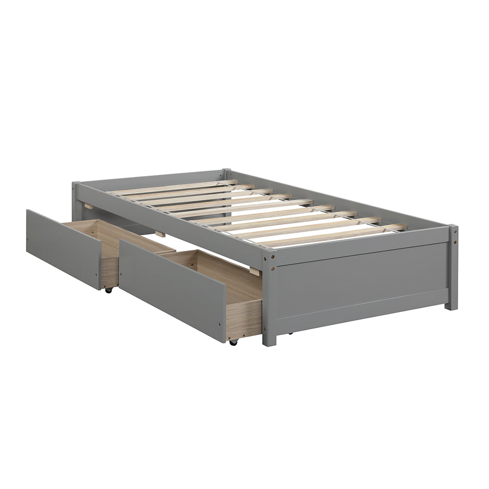 Platform Bed Frame with Storage Drawers, Kids Twin Size Bed Frame No Box Spring Needed, Solid Wood Platform Beds with Two Drawers, Modern Single Bed Bedroom Furniture, Gray, J1174