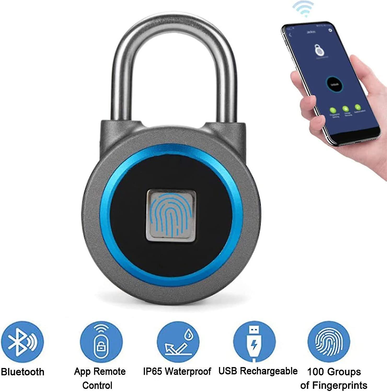 Fingerprint Lock Bluetooth Lock Mobile App Smart Keyless Biometric Lock Waterproof Suitable For Gym Sports Bike School Fence Storage (blue) Jiujiu