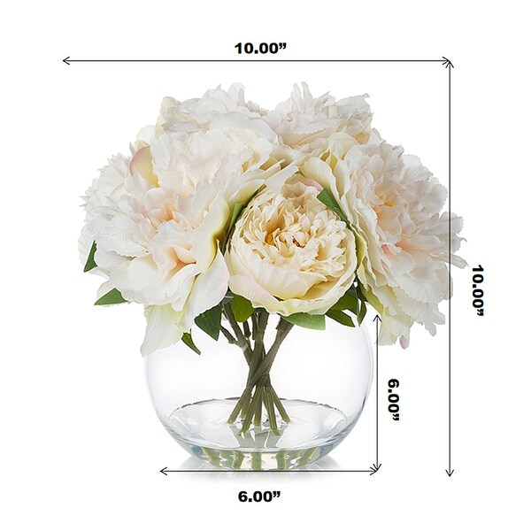 Enova Home Artificial Silk Peony Fake Flowers Arrangement in Round Glass Vase with Faux Water