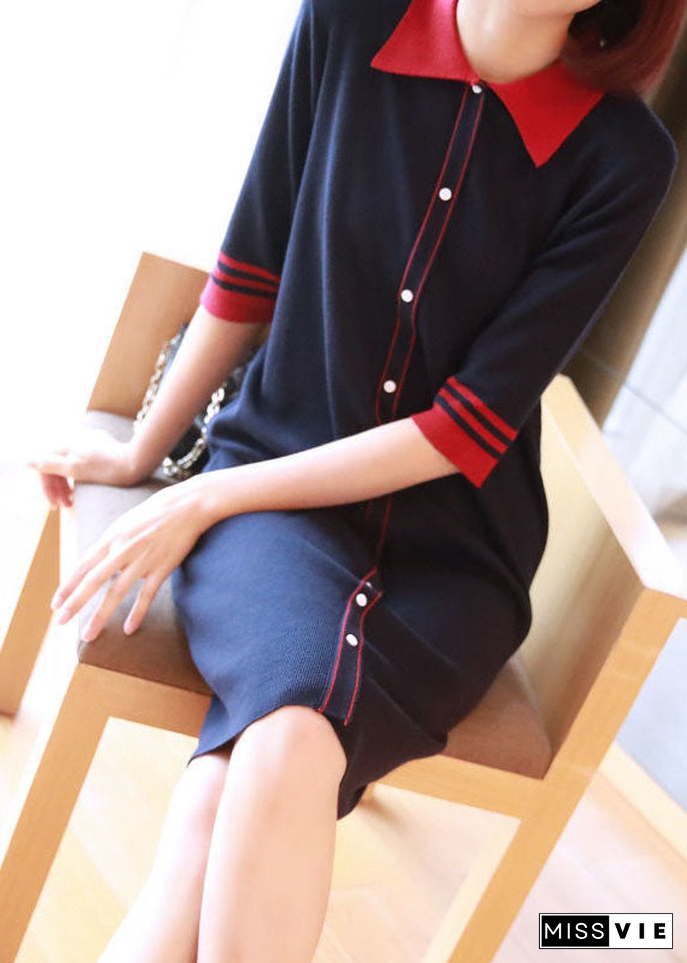 Casual Navy Peter Pan Collar Button Knitted Dresses Half Sleeve