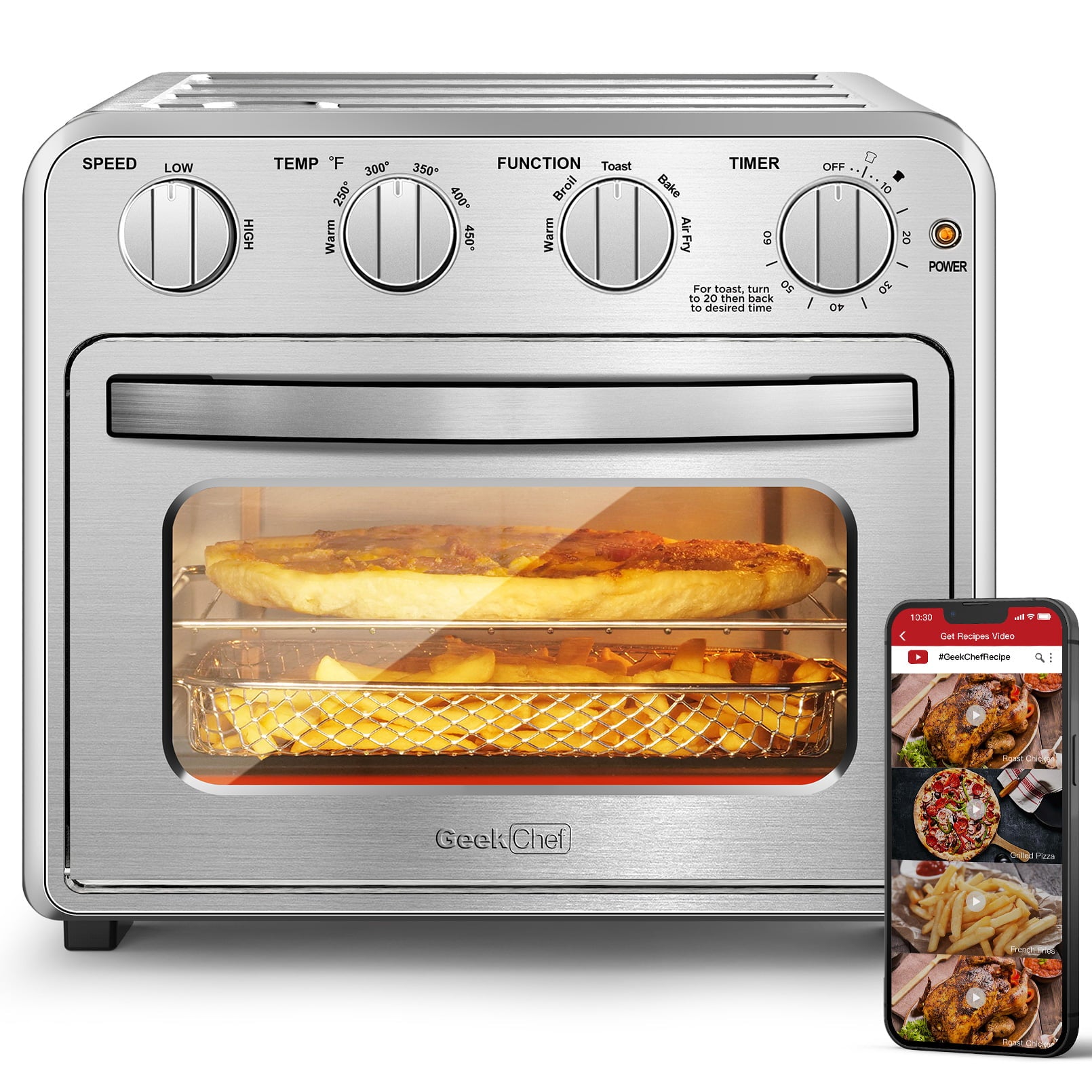 Geek Chef Air Fryer Toaster Oven Combo 16 Quart 5-in-1 Countertop Dehydrator for Chicken, Pizza, Cookies, 1400W, 4 Accessories Included, Silver