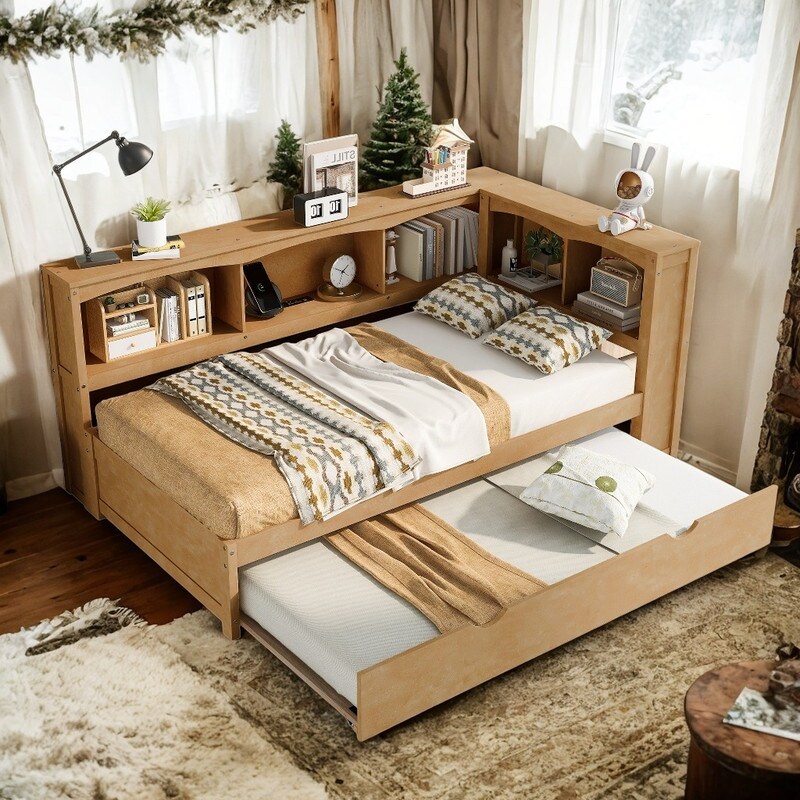 Twin Size Day Bed with Bookcases and Trundle and USB Ports  Wood Color