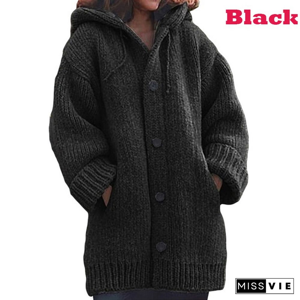 Women Fashion Mid-length Button Up Knitted Cardigan Jackets Ladies Casual Autumn and Winter Hooded Sweater Coats Strickjacke Damen