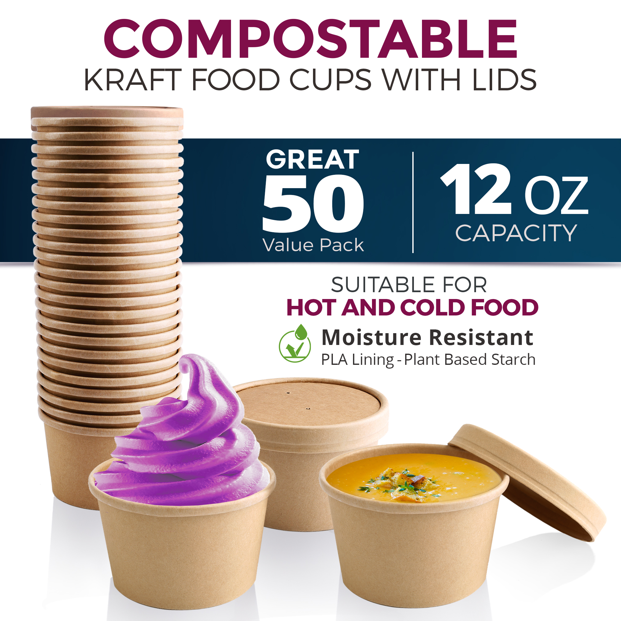 [50 Pack] 12 oz Kraft Compostable Paper Food Cup with Vented Lid - Rolled Rim Storage Bucket， Hot or Cold Dish To Go Packaging， Ramen Soup Stews Salad Frozen Dessert Yogurt Ice Cream Container