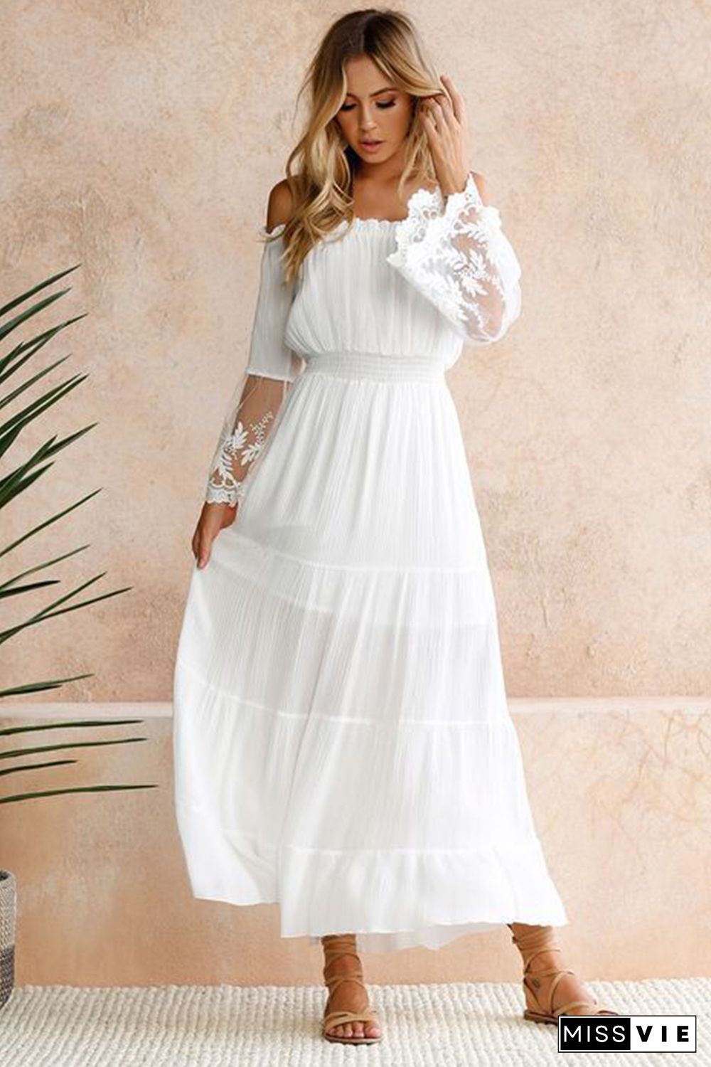 White Off Shoulder Embroidered Flared Sleeve Lace Maxi Dress