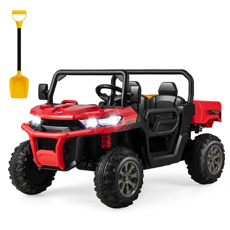 2-Seater Kids Ride On Car, 12V Battery Powered Off-Road UTV Dump Truck with Electric Dump Bed & Shovel