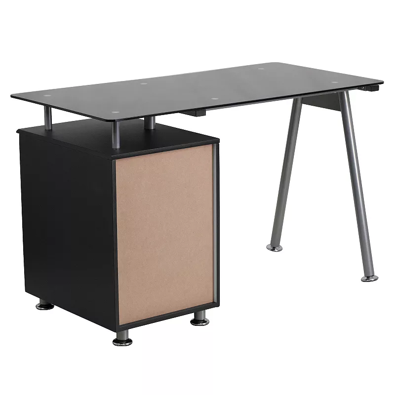 Emma and Oliver Computer Desk with Tempered Glass Top and Three Drawer Pedestal