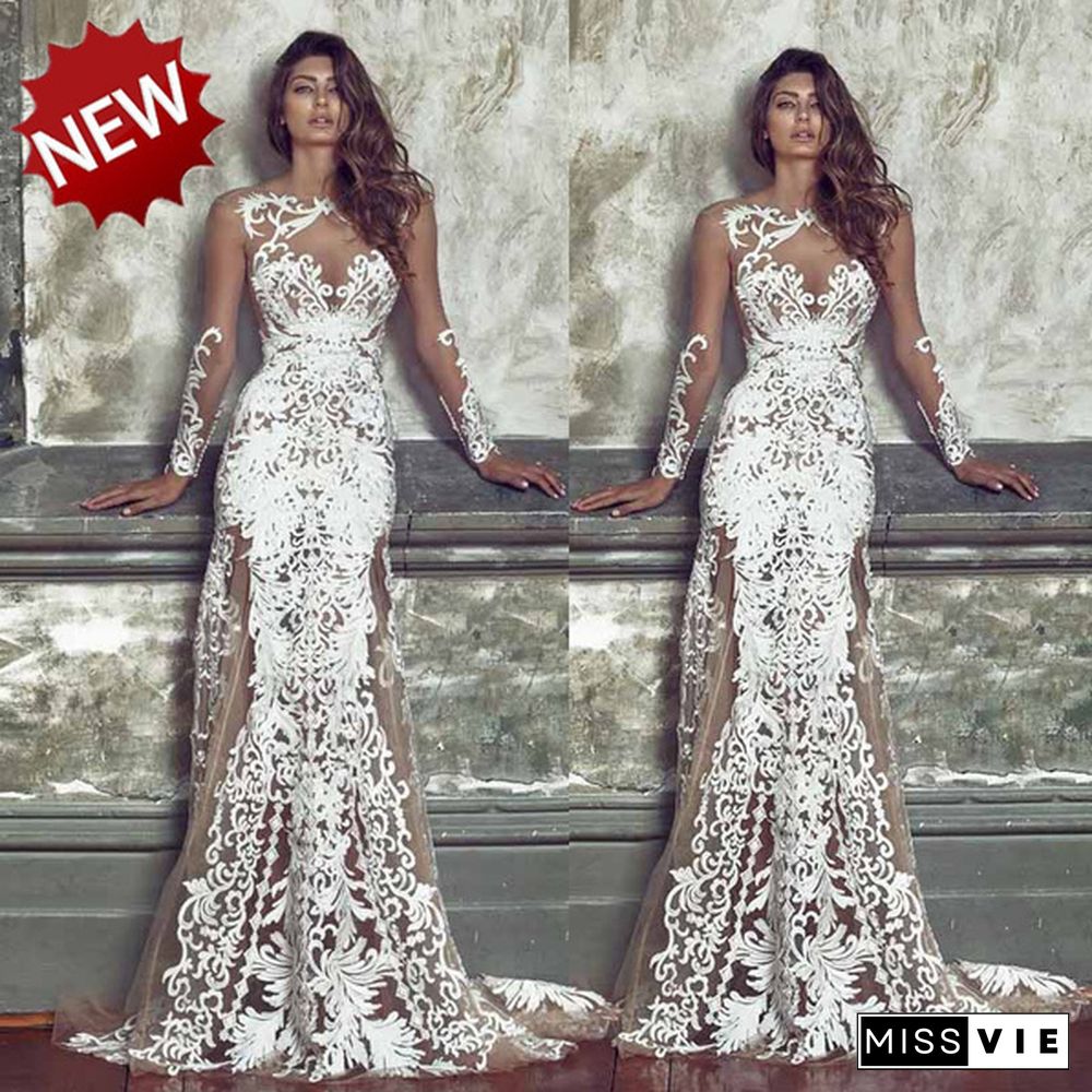 Women's New Lace Perspective White Wedding Dress Sexy Tail Evening Dress Slim Dress Long Skirt