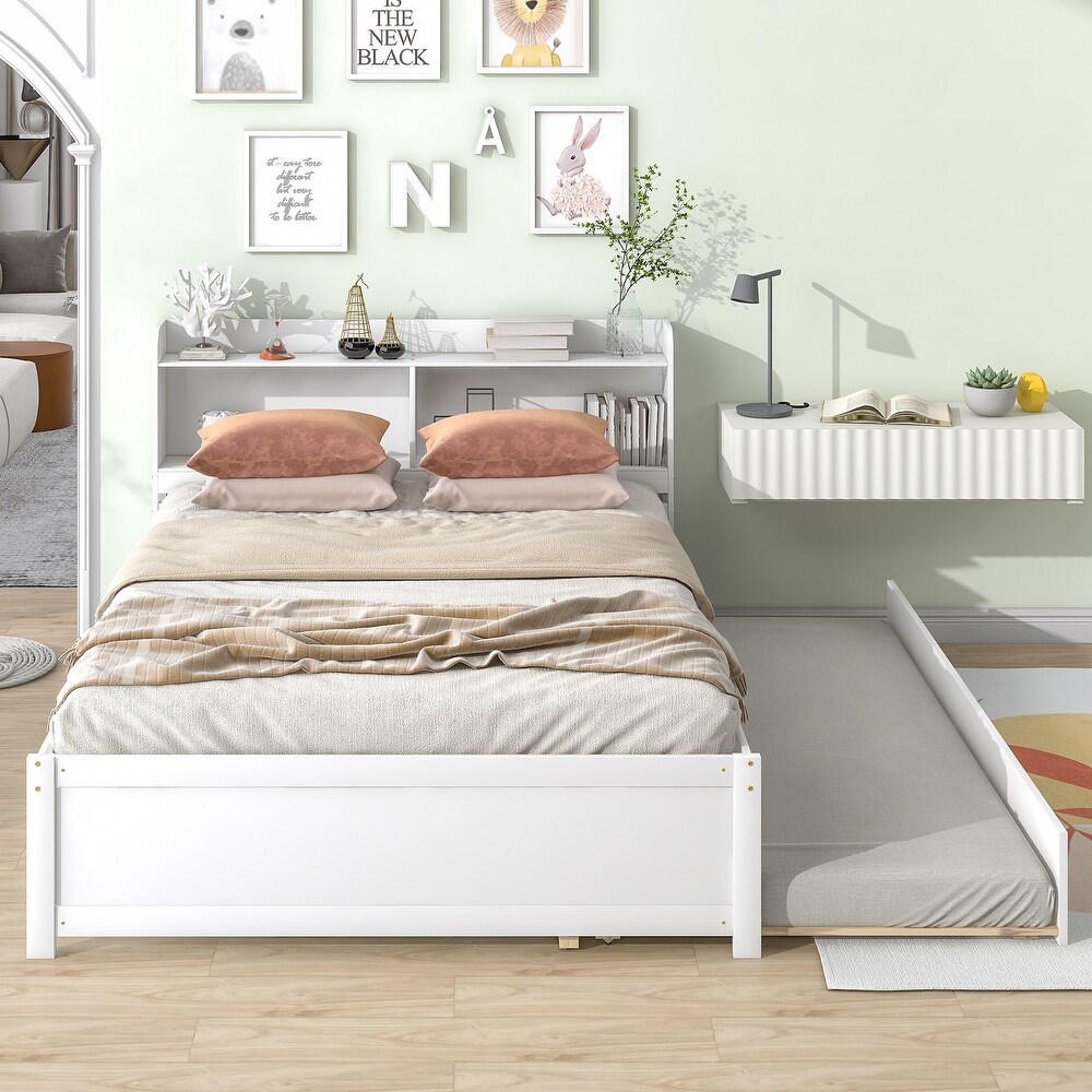 Full Bed Storage Headboard Double Bed Modern Bedroom Wood Slatted Frame Pull out Bed with Trundle and Bookcase  Easy Assembly