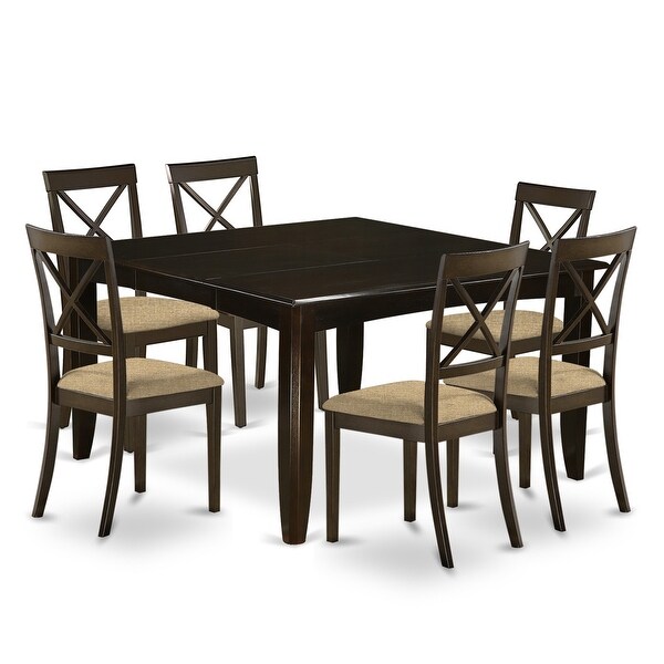 Wood Expandable Dining Set - Dining Table - Upholstered Linen Fabric Kitchen Chairs - Cappuccino Finish (Pieces Option)