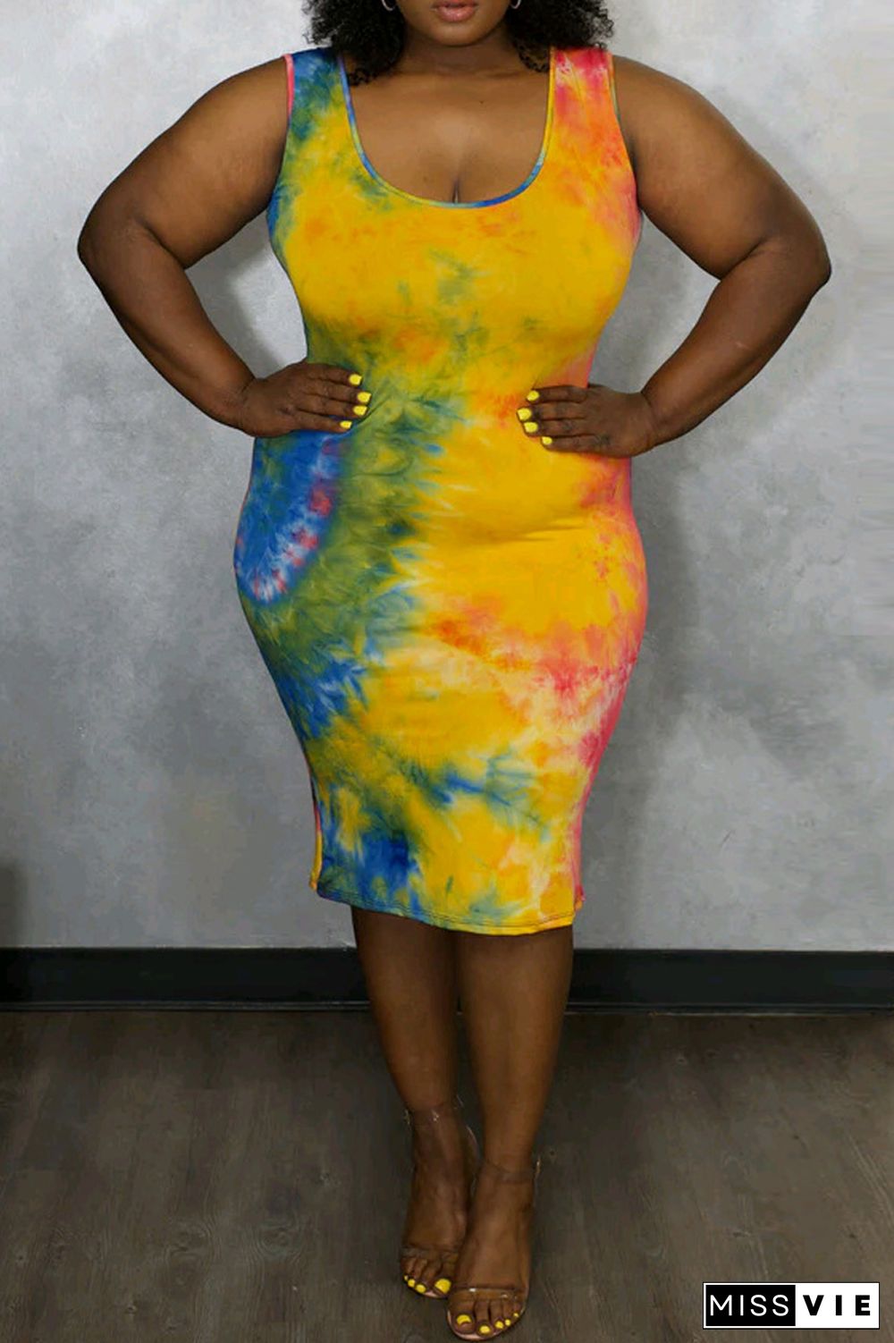 Yellow Sexy Casual Print Tie-dye U Neck Vest Dress Plus Size Dresses