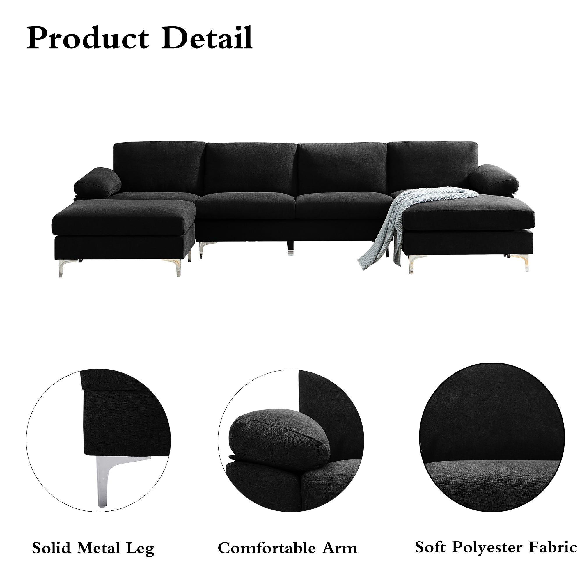 Lecut L-Shaped Sofa Couch with Removable Ottoman, Fabric 4 Seat Sectional with Large Chaise, Modern Reversible Sectional Sofa Couch for Living Room Polyester  Black