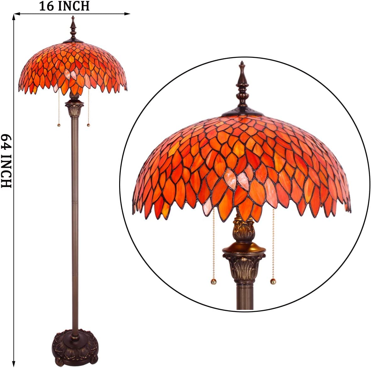 BBNBDMZ Tiffany Floor Lamp Red Wisteria Stained Glass Standing Reading Light 16X16X64 Inches Antique Pole Corner Lamp Decor Bedroom Living Room  Office S523R Series