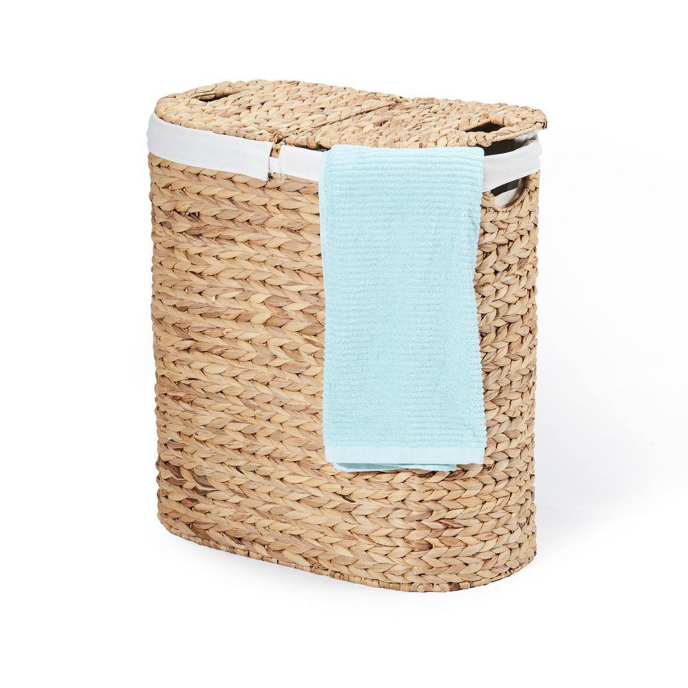 Seville Classics Hand Woven Natural Wicker Water-Hyacinth Lidded Oval Double Laundry Hamper with Bags WEB706