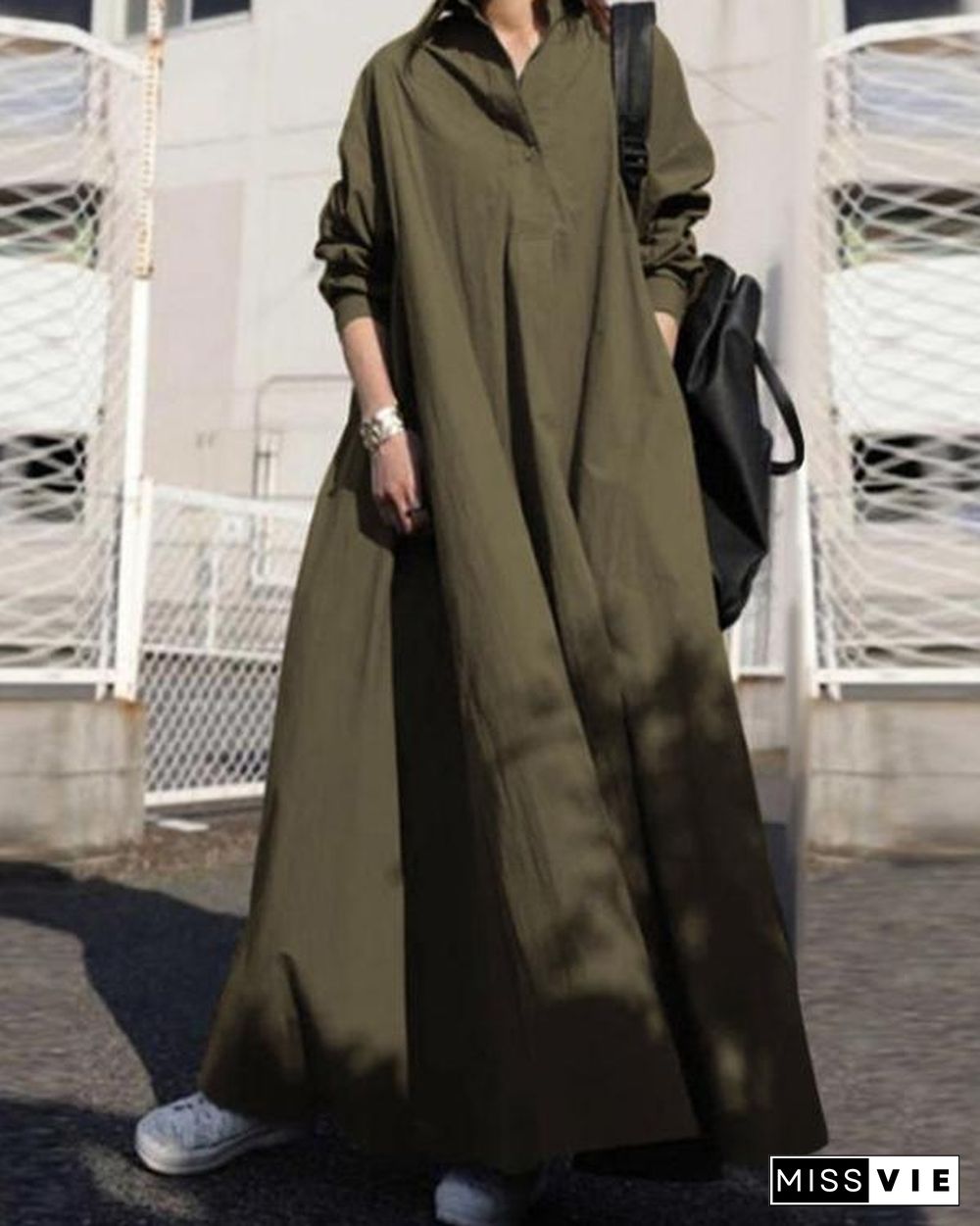 Solid Shirt Collar Loose Fit Big Hem Long Sleeve Maxi Dress