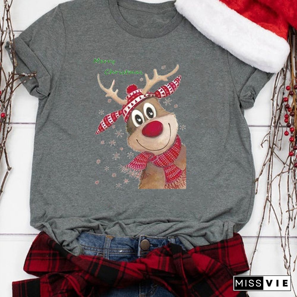 Christmas Women's Fashion Short Sleeve Casual O-neck Deer Ans Merry Christmas Printing Cotton T-shirt Tops