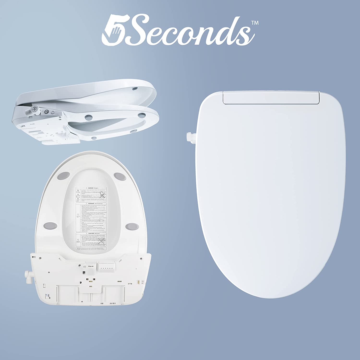 Electric Smart Bidet Toilet Seat Elongated, White, Soft Close Bidet. Arced Stainless Steel Nozzle, Multifunctional