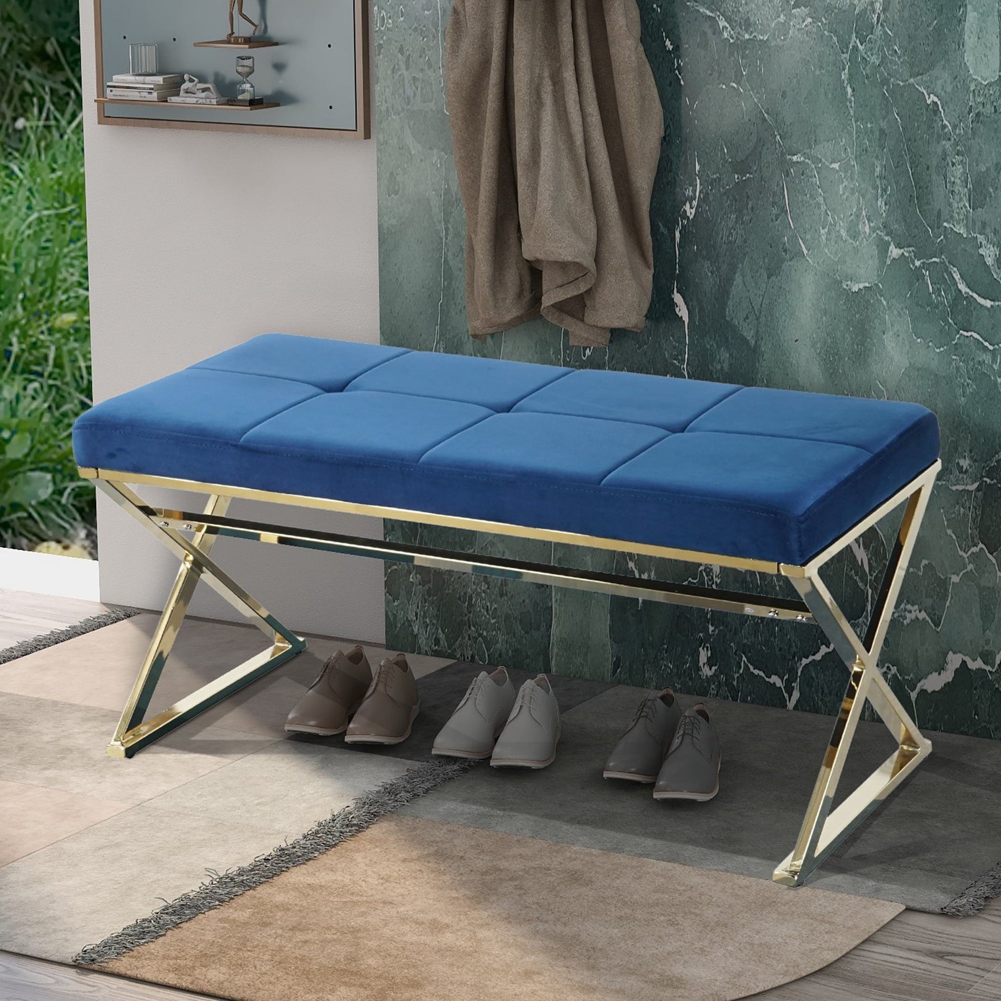 Mid-Century Modern Ottoman Bench with Padded Seat and Gold Metal Legs, Upholstered Entryway Bench Shoe Bench, Velvet Fabric End of Bed Bench for Bedroom Living Room Hallway More, Blue