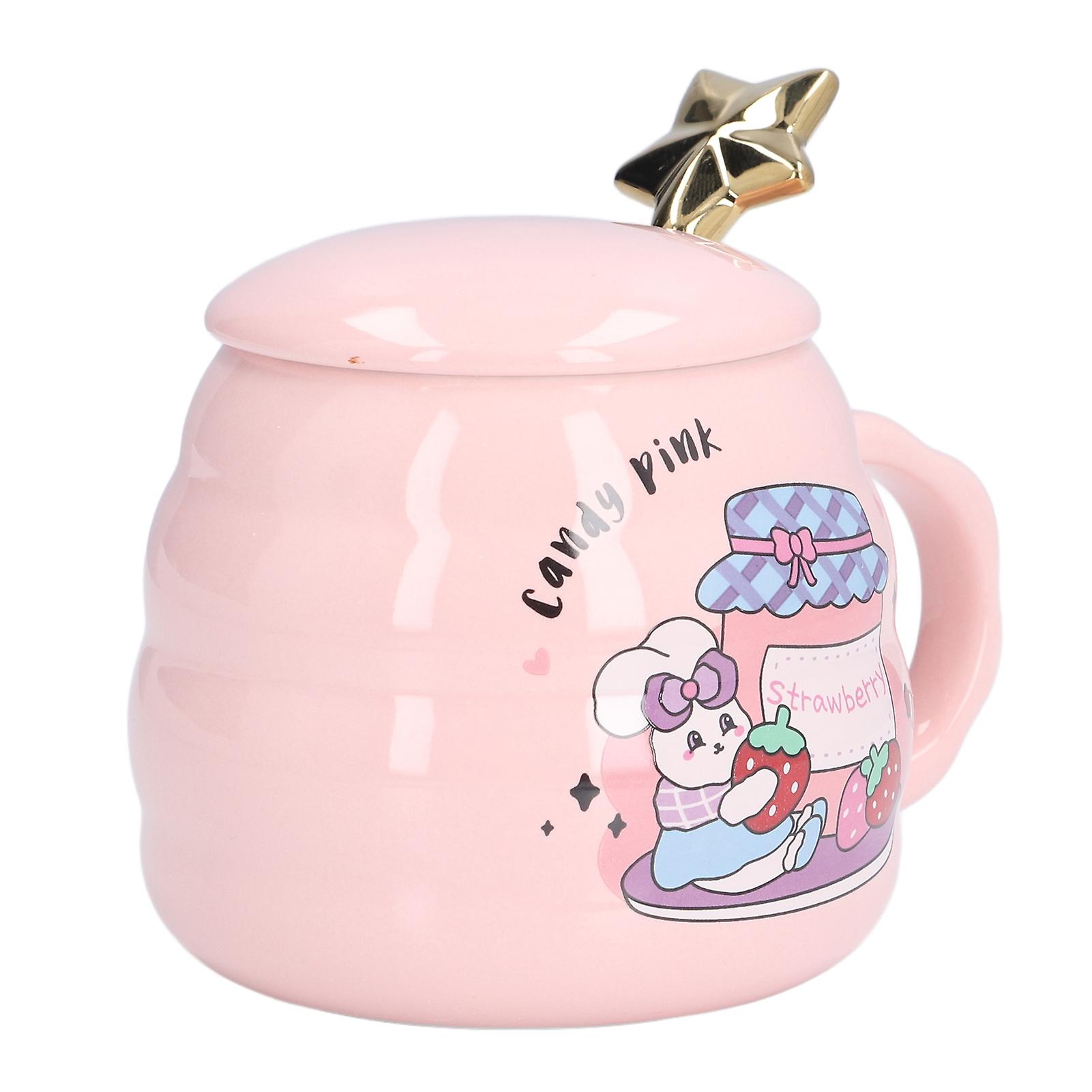 450ml Ceramic Coffee Cup Cute Tea Mug with Lid Spoon for Office Home Holiday GiftsStrawberry Pattern