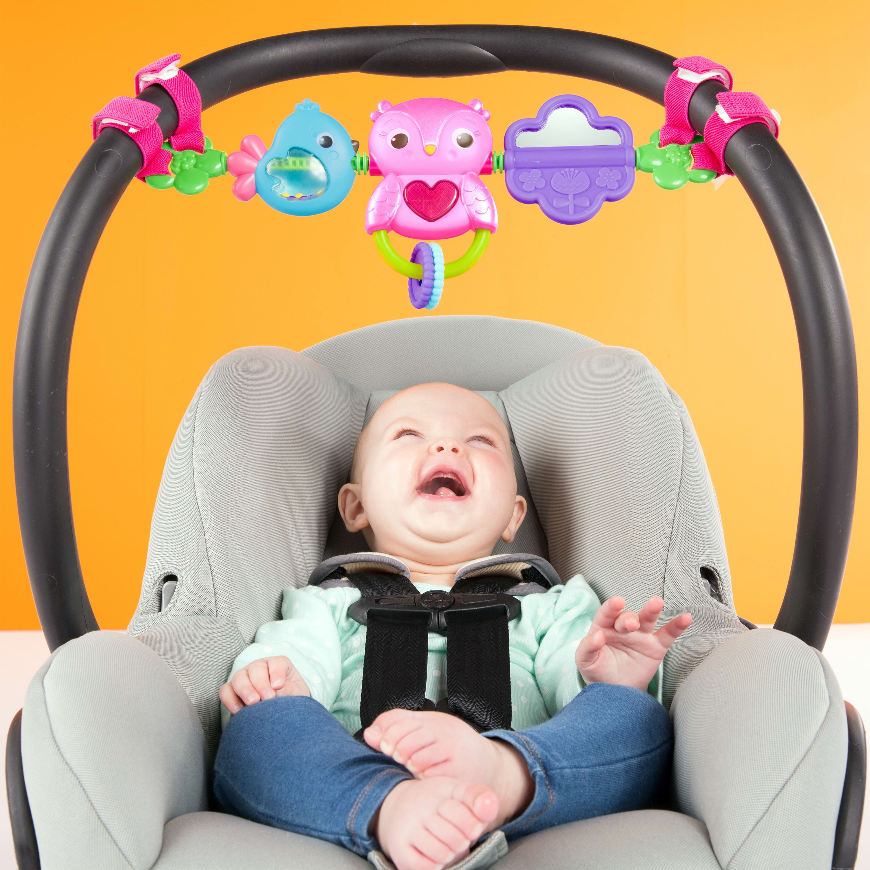 Bright Starts Busy Birdies Carrier Toy Bar Musical Take-Along Toy with Lights， Ages Newborn +
