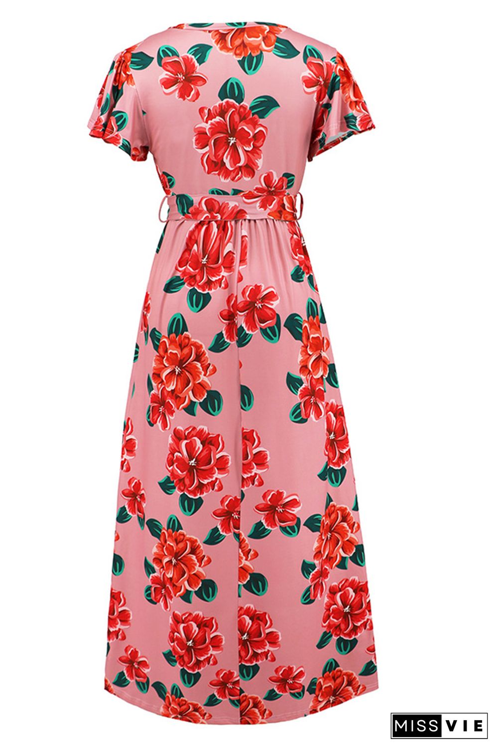 V Neck Short Sleeves Floral Maxi Dress