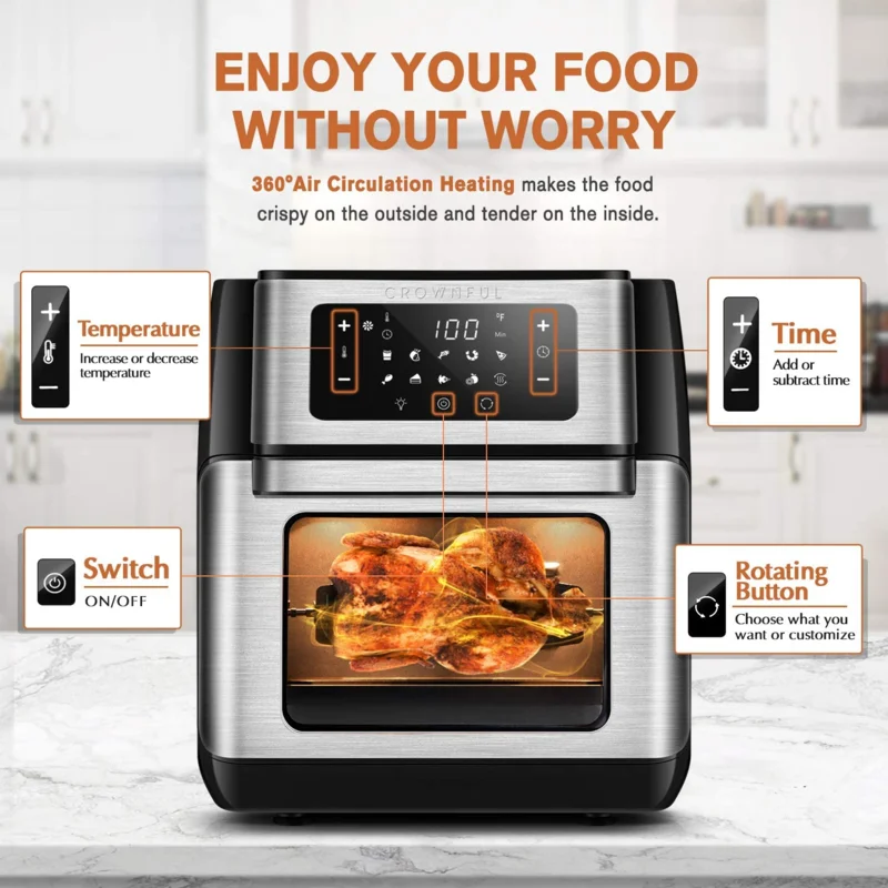 CROWNFUL TXG-KK-DT10L-D Air Fryer， 10.6 Quart Large Convection Toaster Oven with Digital LCD Touch Screen， 10 in 1 Oilless Cooker with Rotisserie and Dehydrator， Accessories and Online Cookbook Included