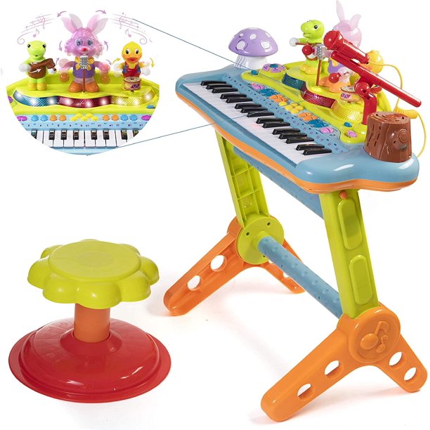 Prextex Kids Toy Piano Set with Real Working Microphone and Record， Playback， Synthesizer and Stool