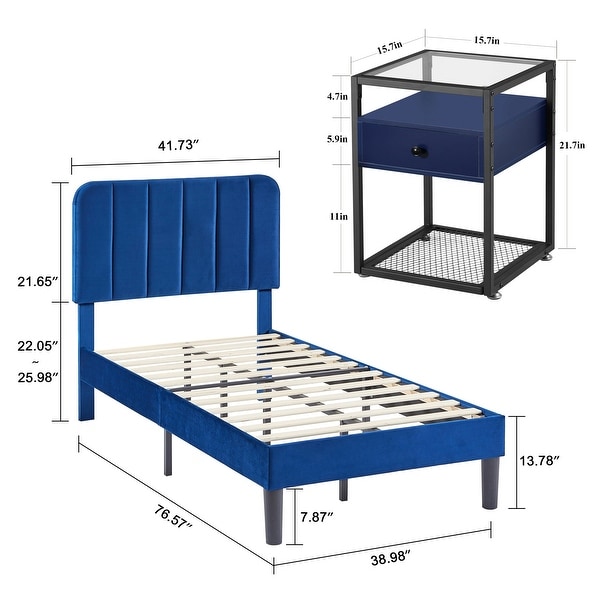 Javlergo 3-Piece Modern Bedroom Set with Upholstered Bed Frame and 2 Nightstand， Blue - - 37904706