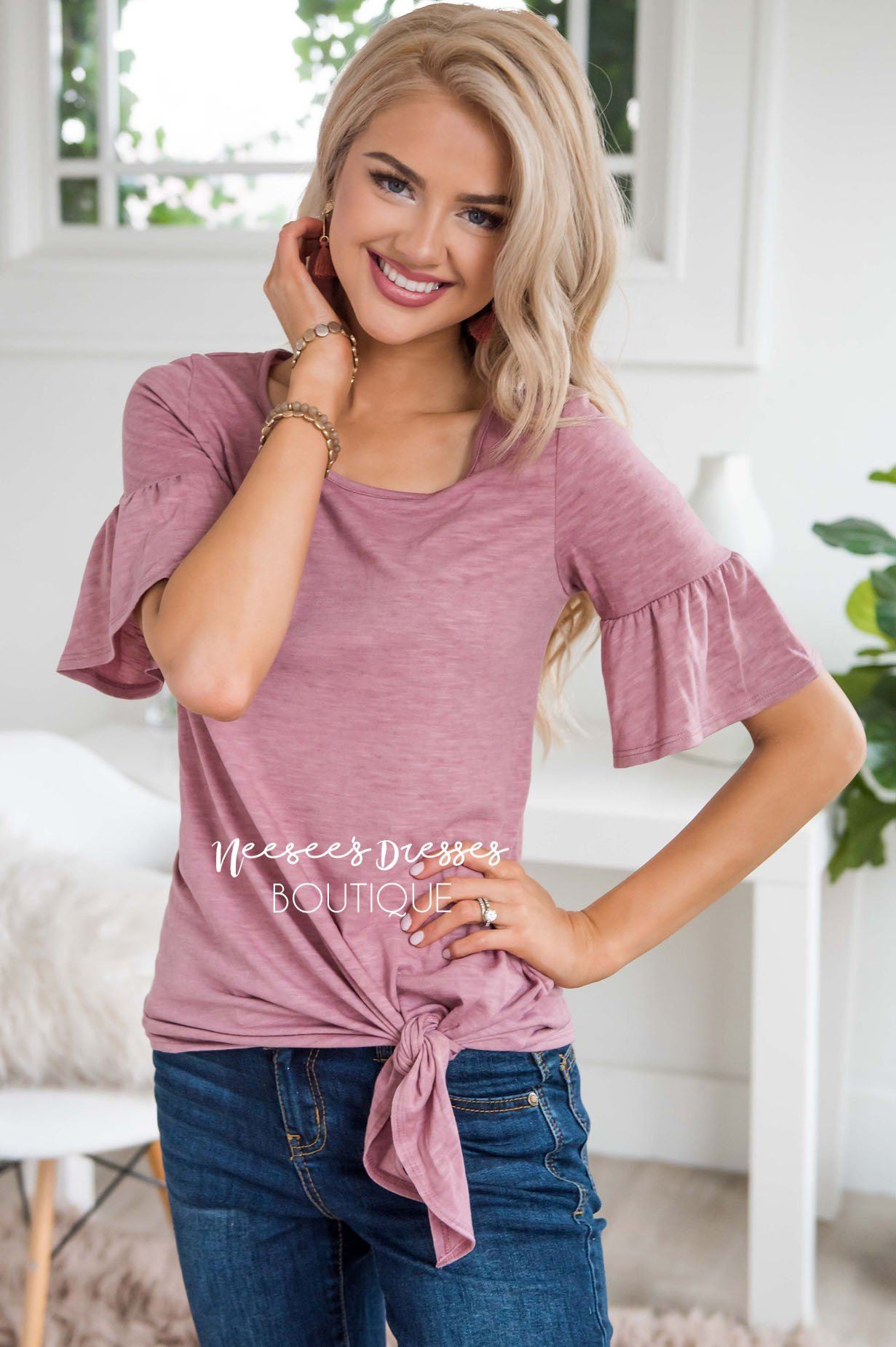 Cute Tie Bottom Bell Sleeve Top