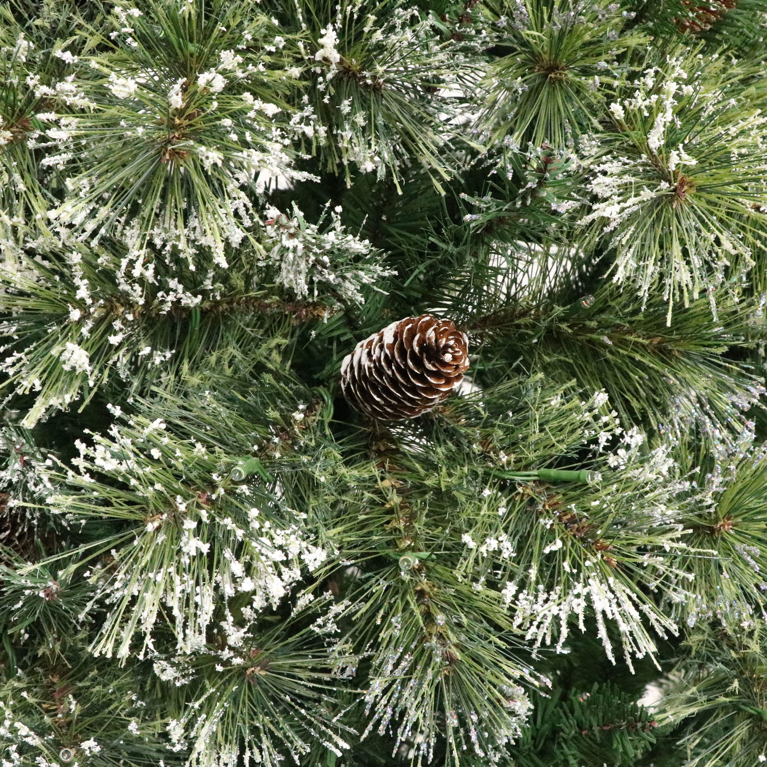 7.5-foot Cashmere Pine and Mixed Needles Pre-Lit Clear LED Hinged Artificial Christmas Tree with Snow and Glitter Branches and Frosted Pinecones