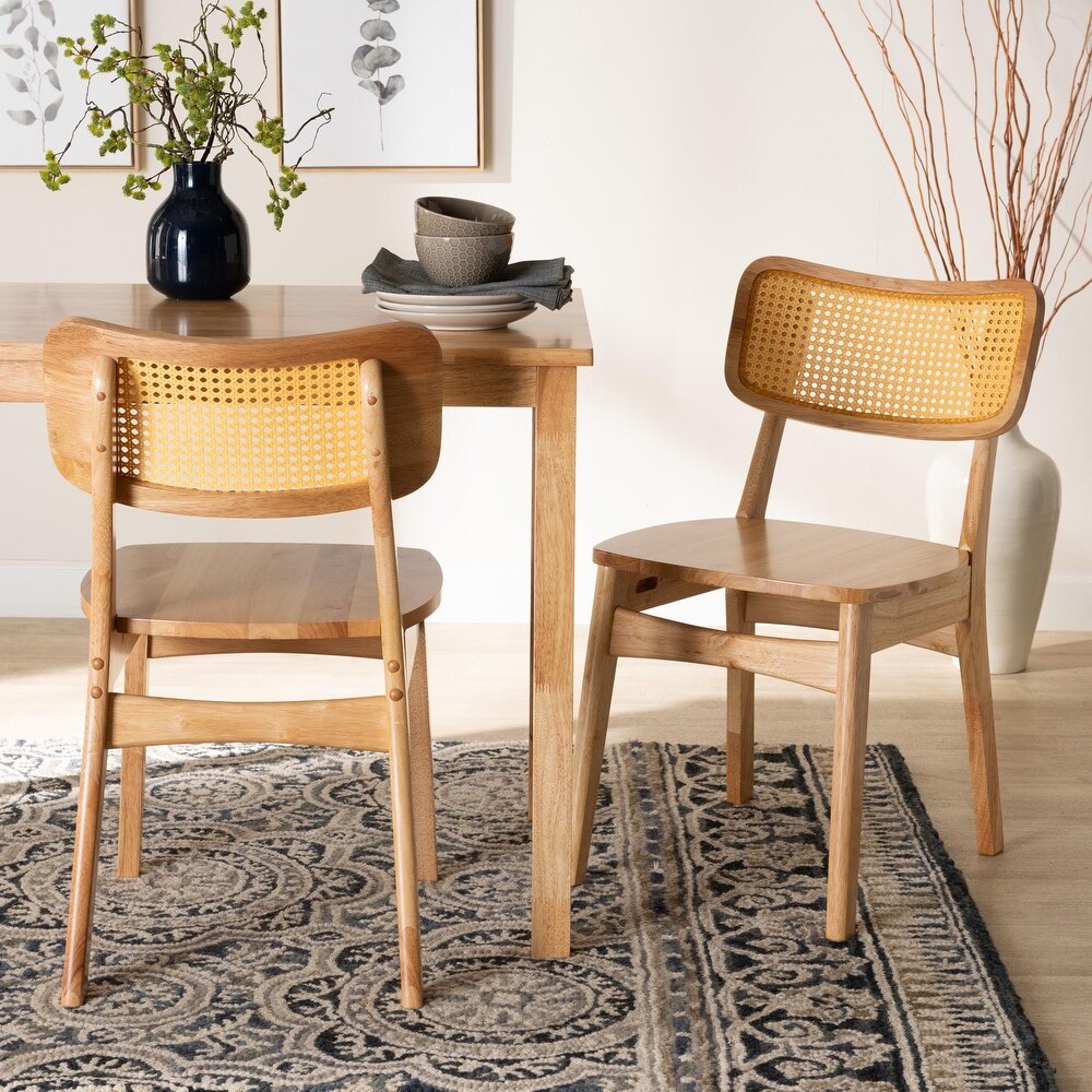 Tadeo Mid Century Modern Oak Brown Finished Wood and Rattan 2 Piece Dining Chair Set