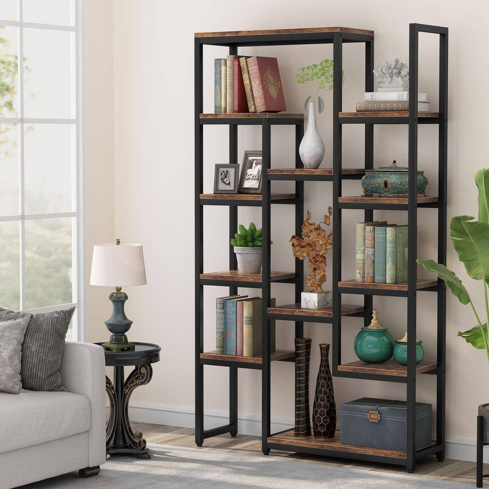 BYBLIGHT Eulas 70.9 in. Brown Wood 12-Shelf Modern Tall Etagere Bookcase 6-Tier Display Shelves Book Storage Organizer BB-K0055GX